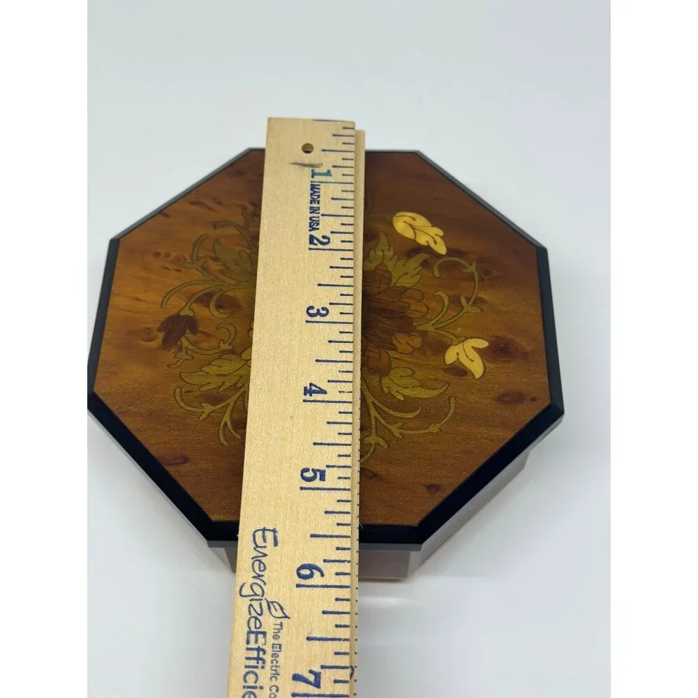 VTG Octagon Wood Inlay Floral Jewelry Box Sorrento Keepsake Velvet Interior‎